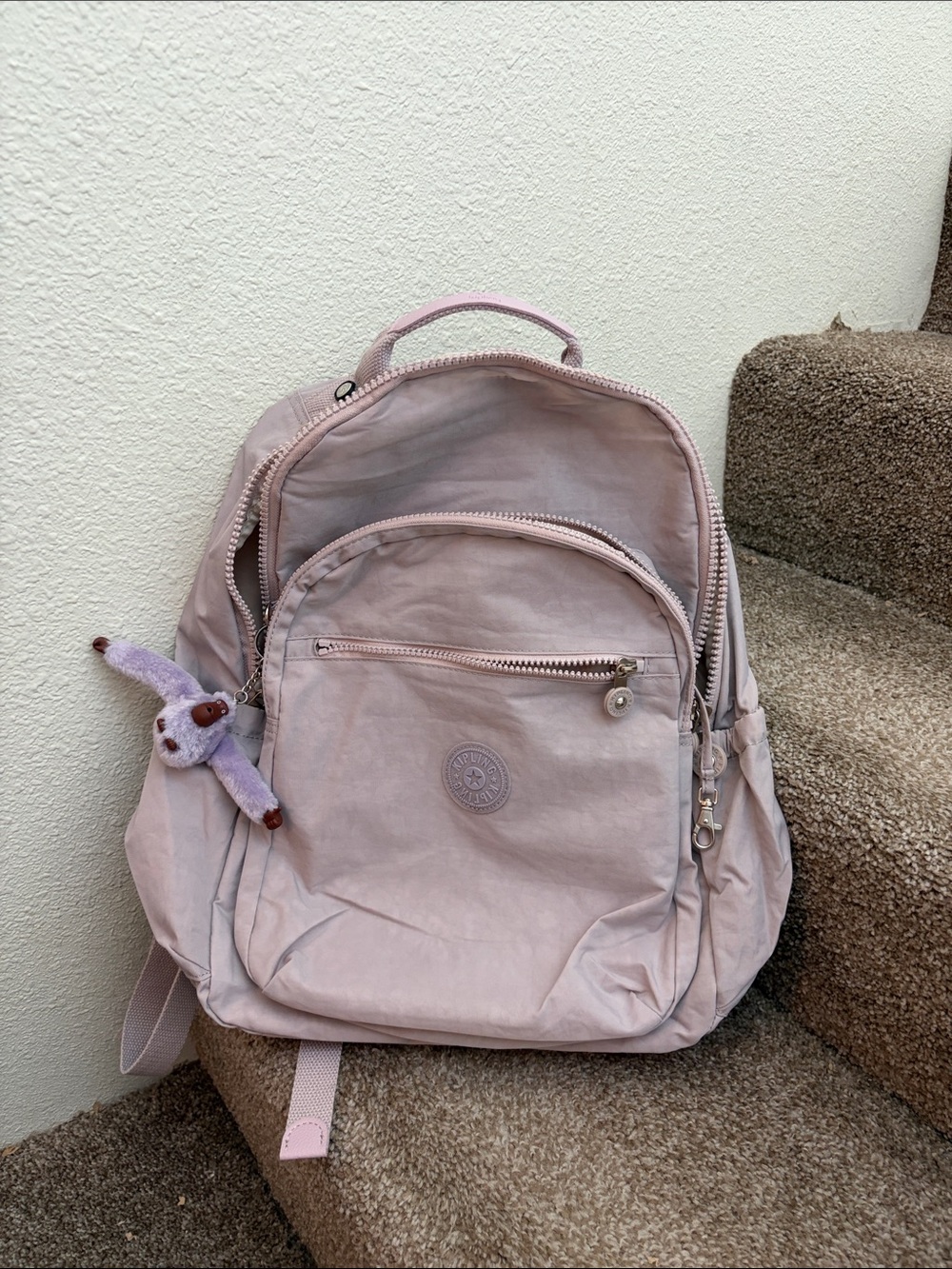 Kipling Seoul large Light lavender Backpack with Lavender Plush Monkey Keychain